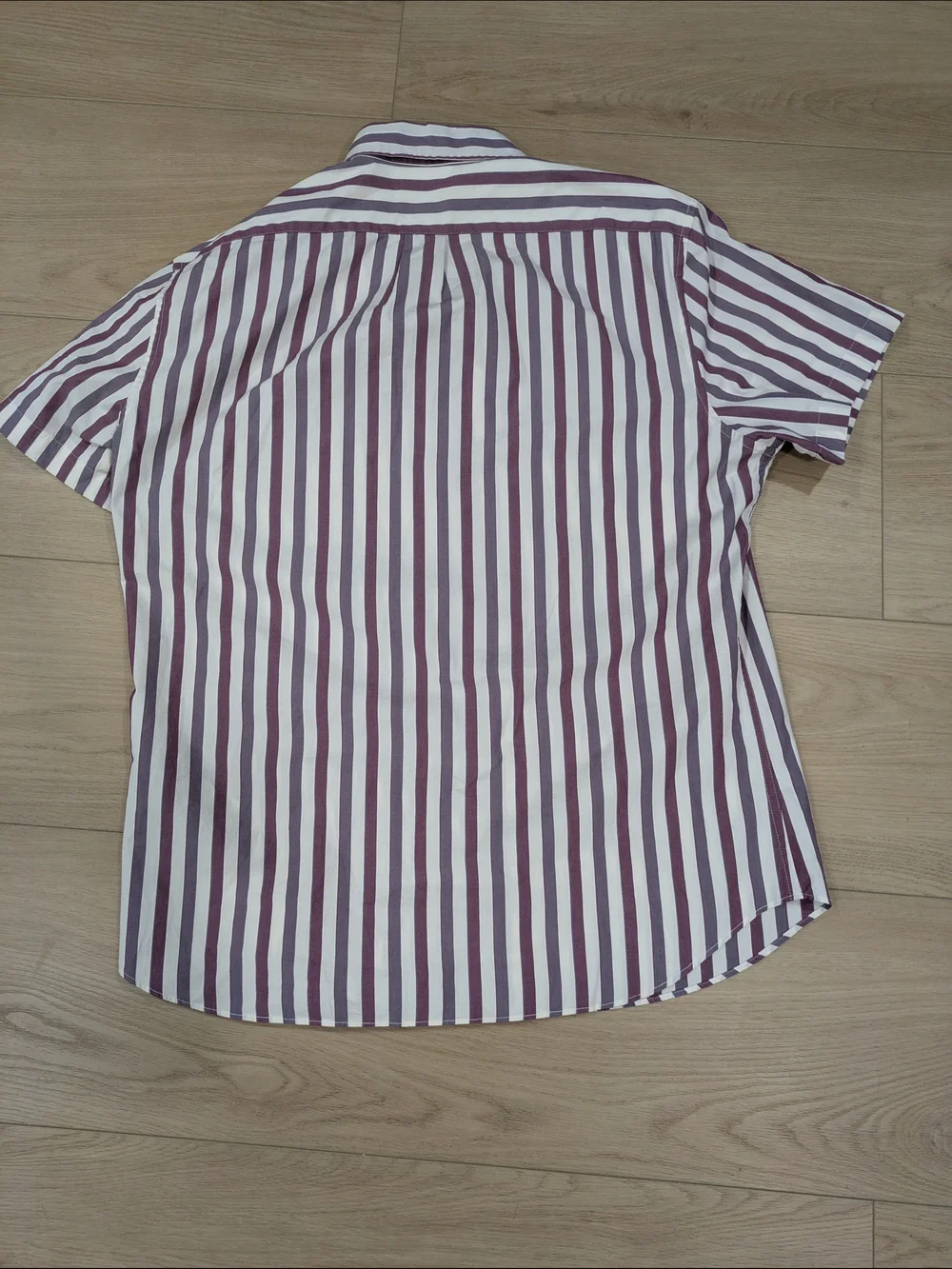 J. Crew Short-Sleeve Button-Down Shirt in White and Purple Stripe